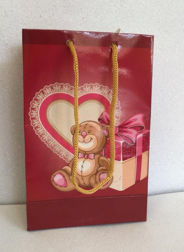 KARTON ÇANTA KALP AYICIK TEMALI 11CM X 17CM - 1 ADET ürün görseli 1