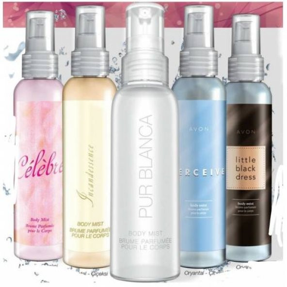 AVON 5Lİ VÜCUT SPREYLERi+CELEBRE+İNCANDESSENCE+PUR BLANCA+PERCEİVE+LİTTLE BLACK DRESS SÜPER FİYAT ürün görseli 1