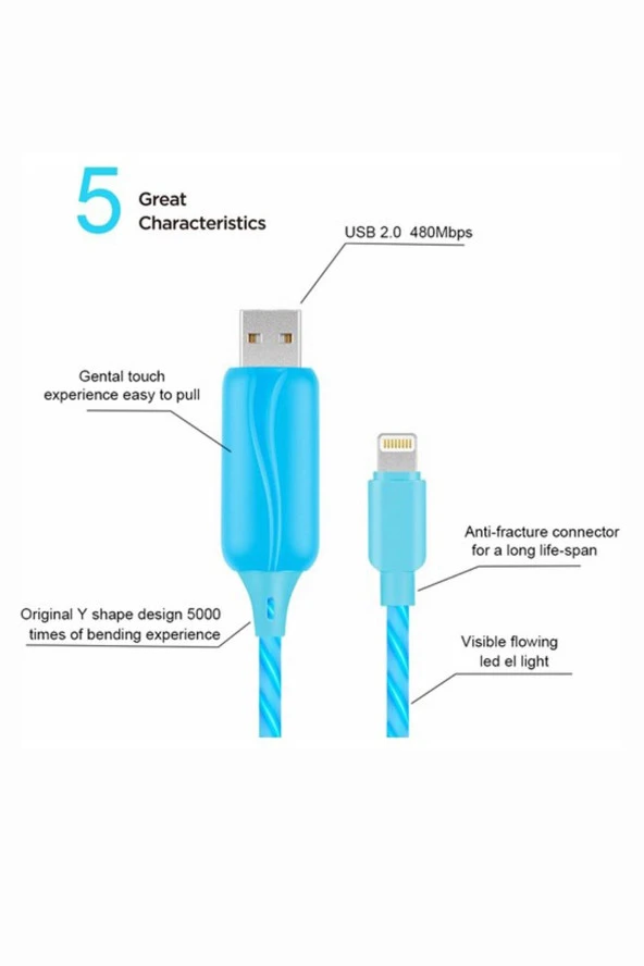 Doppler I-Cable Micro USB Işıklı, Mavi , Şarj Kablosu - Resim 2