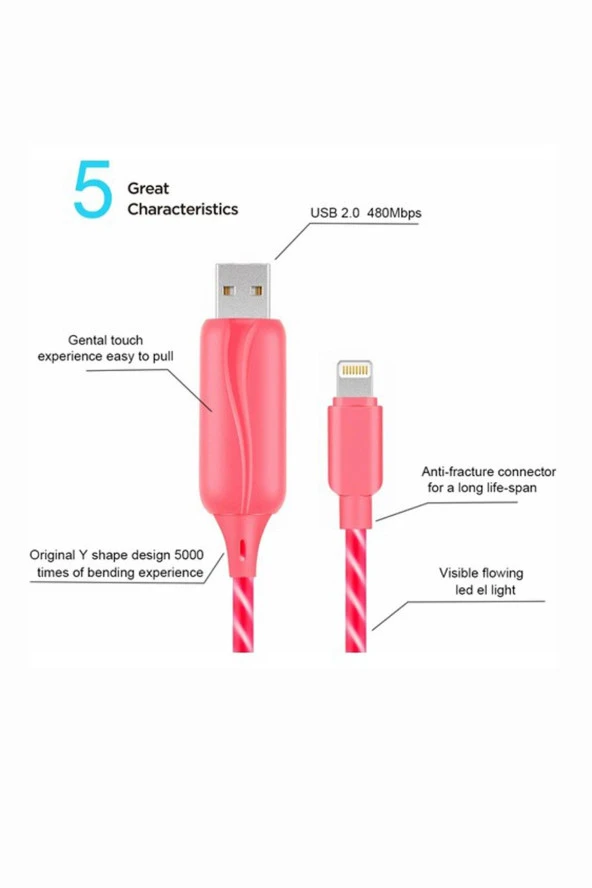 Doppler I-Cable Micro USB Işıklı, Pembe, Şarj Kablosu ürün görseli 1