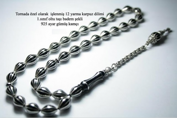 1000 Ayar Gümüş El İşçilikli 12 Yarma Karpuz Dilim İşlemeli Tesbih ürün görseli 1