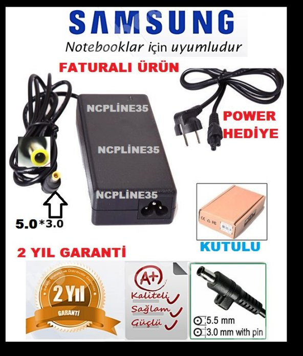 LAPTOP ŞARJ ALETİ ADAPTÖRÜ SAMSUNG UYUMLU İĞNE UÇLU 19V4.74A ürün görseli 1