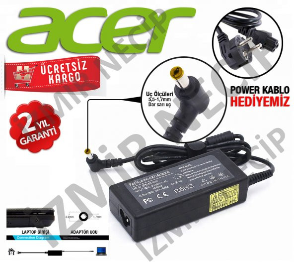 ACER ASPİRE UYUMLU LAPTOP ADAPTÖRÜ dar sarı uçlu KALİTELİ ürün görseli 1