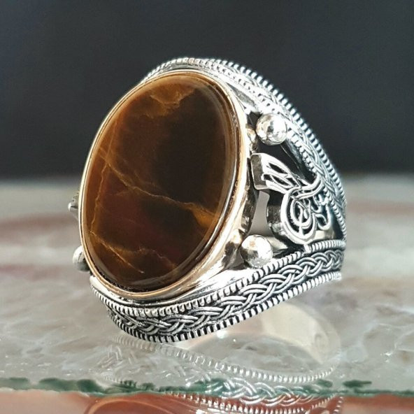925 Ayar Gümüş Tuğralı Kaplangözü Erkek Yüzük ürün görseli 1