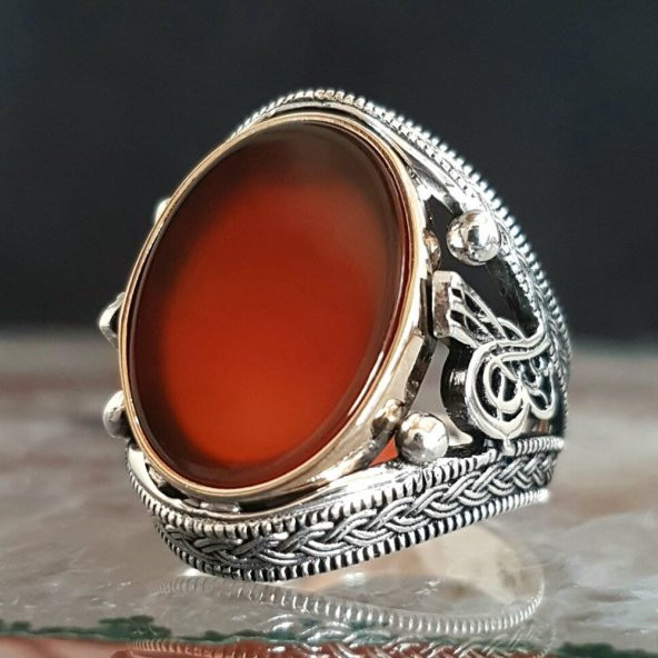 925 Ayar Gümüş Osmanlı Tuğralı Akik Taşlı Erkek Yüzük ürün görseli 1