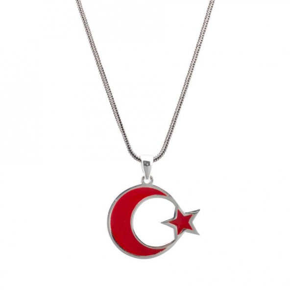 925 Ayar Gümüş  Kırmızı Renk Ay Yıldız Erkek Kolye ürün görseli 1
