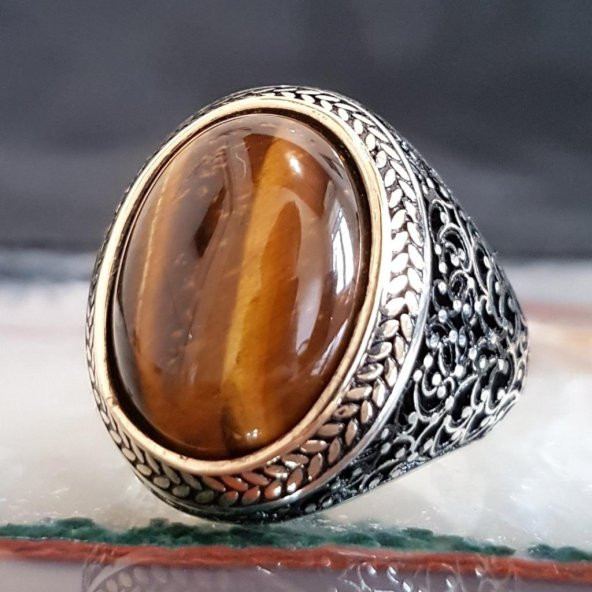 925 Ayar Gümüş Kaplan Gözü Taşlı Oval Erkek Yüzük ürün görseli 1