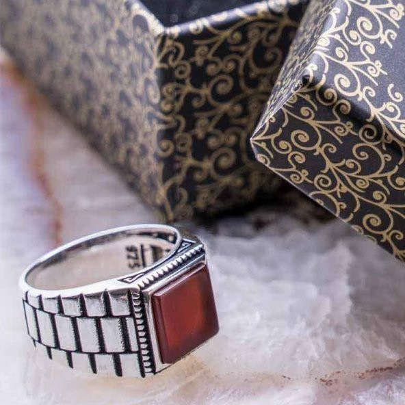 925 Ayar Gümüş Kare Akik Taşlı  Rolex işlemeli  Yüzük ürün görseli 1
