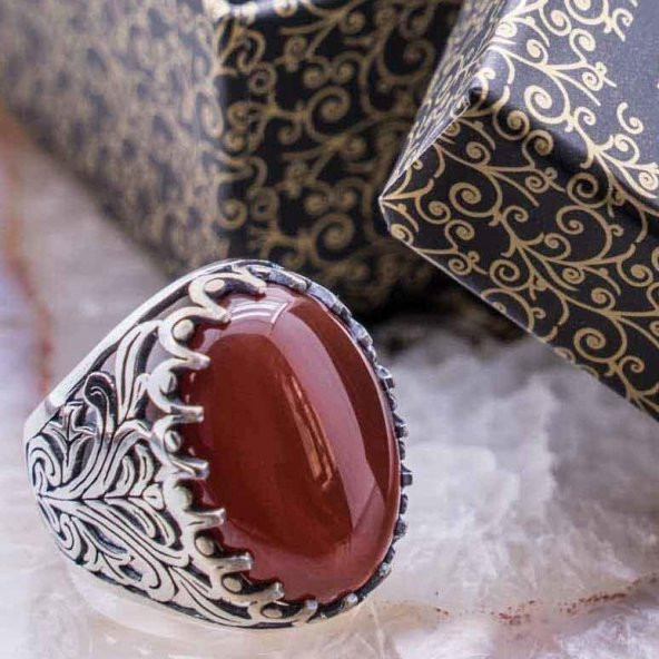 925 Ayar Gümüş Bordo Akik Taşlı Yüzük ürün görseli 1