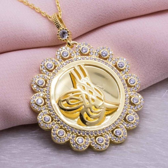 925 ayar Gümüş Altın Kaplama Tuğralı Yuvarlak  Kolye Model 5 ürün görseli 1