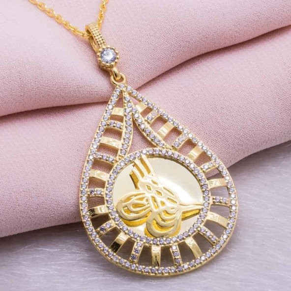 925 Ayar Gümüş Altın Kaplama Tuğralı Damla Kolye Model 7 ürün görseli 1
