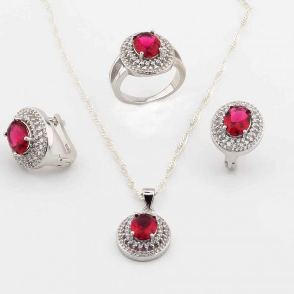 925 Ayar Gümüş Kırmızı Oval Zirkon Taşlı Set ürün görseli 1
