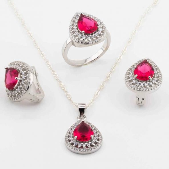 925 Ayar Gümüş Pembe Zirkon Taşlı  Damla Model Set ürün görseli 1