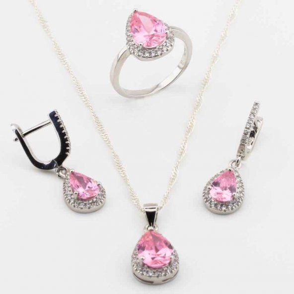 925 Ayar Gümüş Pembe Zirkon Taşlı Damla Model Bayan Set ürün görseli 1