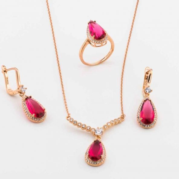 925 Ayar Gümüş Pembe Zirkon Taşlı Damla Model  Set ürün görseli 1