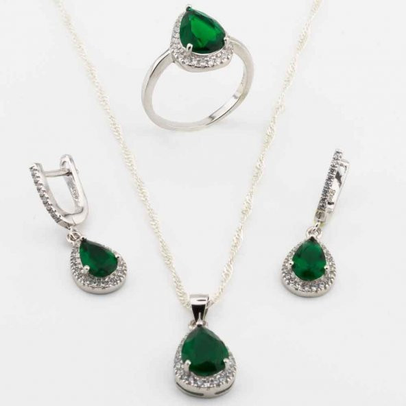 925 Ayar Gümüş Yeşil Zirkon Taşlı Damla Model Set ürün görseli 1