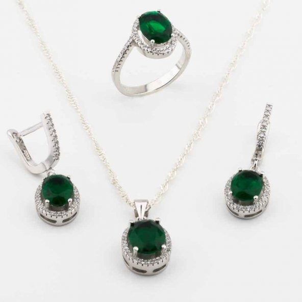 925 Ayar Gümüş Yeşil Zirkon Taşlı  Yuvarlak Model Bayan Set ürün görseli 1