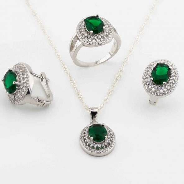 925 Ayar Gümüş Yeşil Zirkon Taşlı Oval Model Bayan Set ürün görseli 1
