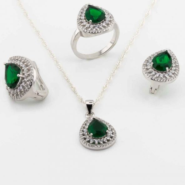 925 Ayar Gümüş Yeşil Zirkon Taşlı Damla Model Bayan Set ürün görseli 1