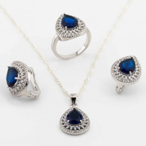 925 Ayar Gümüş Mavi Zirkon Taşlı  Damla Model Bayan Set ürün görseli 1