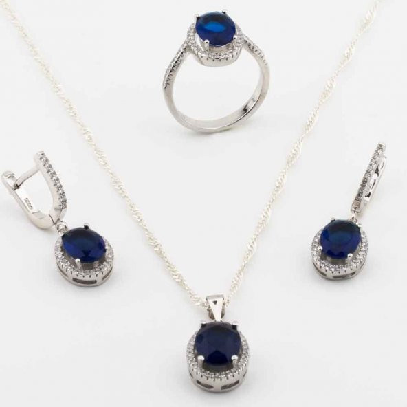 925 Ayar Gümüş Mavi Zirkon Taşlı Oval model Set ürün görseli 1