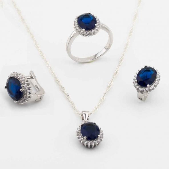 925 Ayar Gümüş Mavi Zirkon Taşlı Oval Model Bayan Set ürün görseli 1
