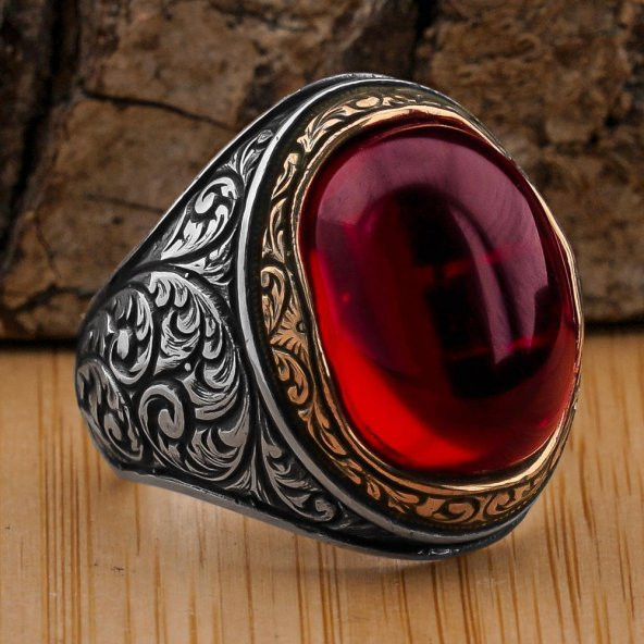 925 Ayar Gümüş Yakut (Ruby) Taşlı  Erkek Yüzük ürün görseli 1