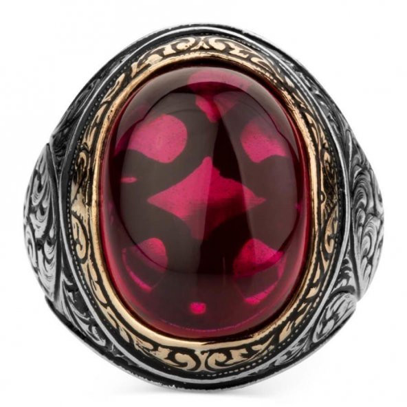 925 Ayar Gümüş Yakut (Ruby) Taşlı  Erkek Yüzük - Resim 4