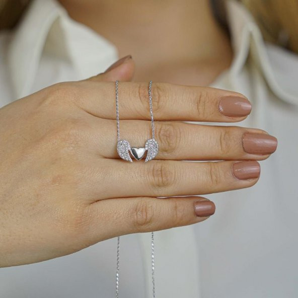 925 Ayar Gümüş Kalpli Melek Kanadı Kolye ürün görseli 1