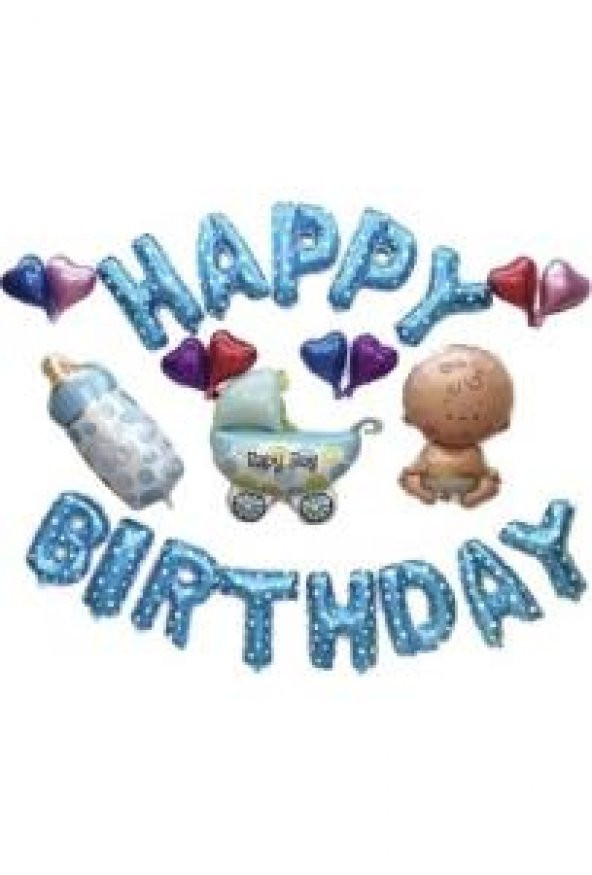 FOLYO BALON HARF HAPPY BİRTYHDAY SET MAVİ BEYAZ YILDIZLI 40CM ürün görseli 1