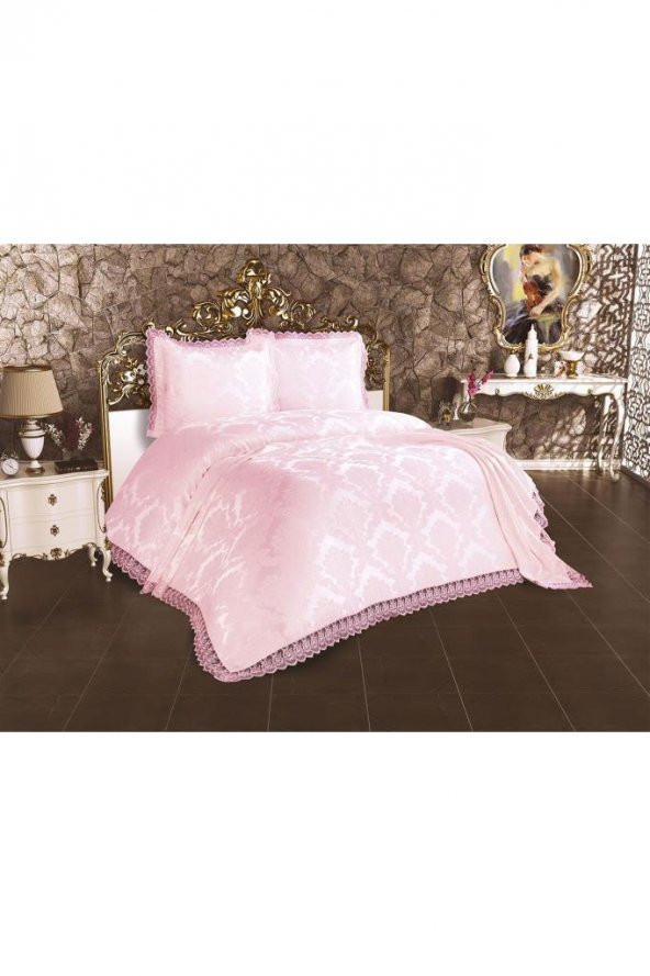 Fransız Dantelli Lalezar Yatak Örtüsü Pudra - Resim 3