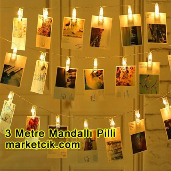 3 Metre Mandallı ve Pilli Led Fotoğraf Süsleme Işığı, Dekoratif Led Aydınlatma, 20 Sarı Işık ürün görseli 1
