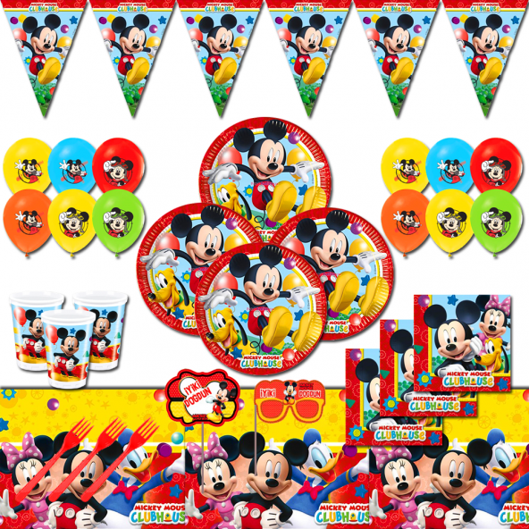 MİCKEY MOUSE MİKİ DOĞUM GÜNÜ PARTİ MALZEMELERİ SÜSLERİ SETİ 16 KİŞİLİK ürün görseli 1