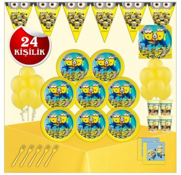MİNİONS MİNYON ÇILGIN HIRSIZLAR DOĞUM GÜNÜ PARTİ MALZEMELERİ SÜSLERİ SETİ 24 KİŞİLİK ürün görseli 1