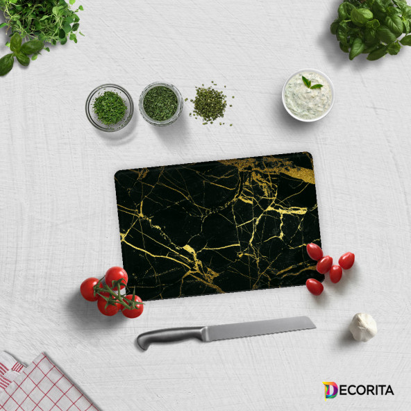 DECORITA Cam Kesme Tahtası - Altın Detaylı Siyah Mermer ürün görseli 1