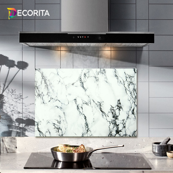 DECORITA Cam Ocak Arkası Koruyucu - Beyaz Mermer Görünümlü ürün görseli 1