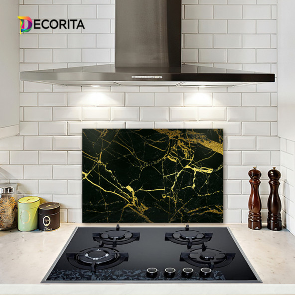 DECORITA Cam Ocak Arkası Koruyucu - Altın Detaylı Siyah Mermer ürün görseli 1