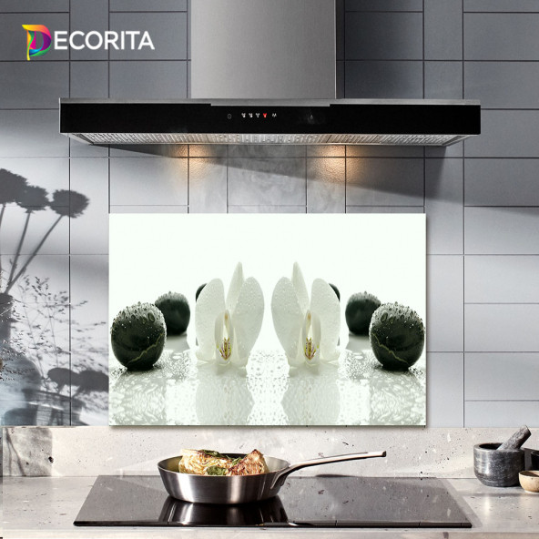 DECORITA Cam Ocak Arkası Koruyucu - Beyaz Orkide & Siyah Oniks ürün görseli 1