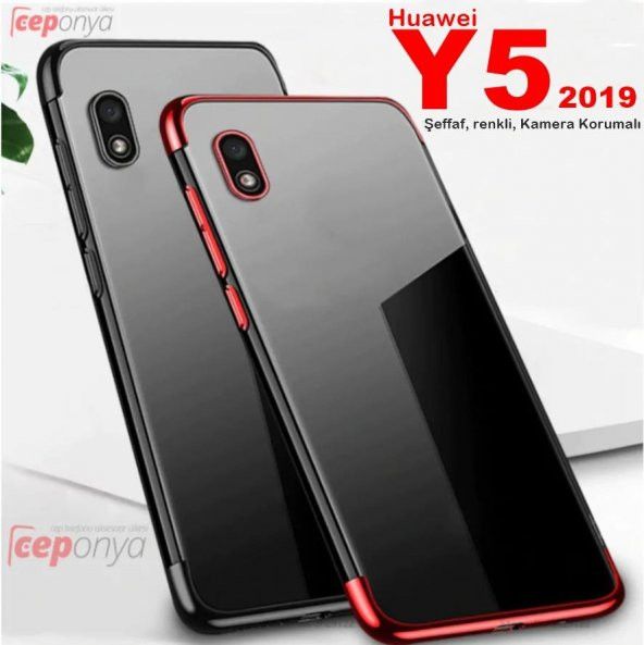 Huawei Y5 2019 Kenarları Renkli Şeffaf Kamera Korumalı Kılıf ürün görseli 1