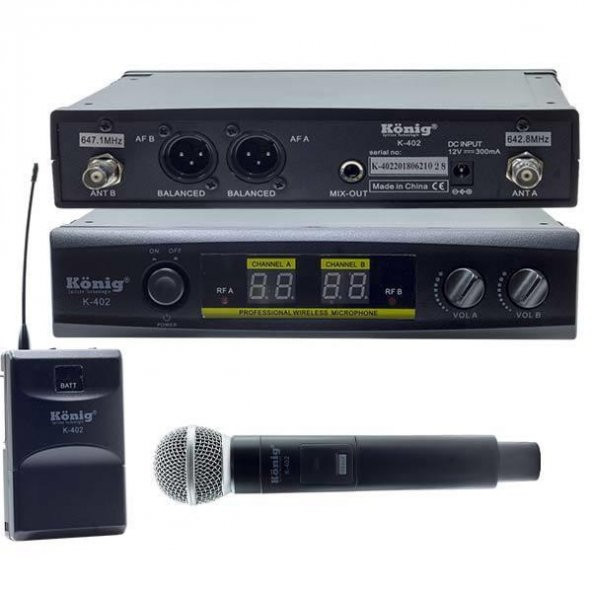 König K-402 El+Yaka İki Kanal Uhf Telsiz Mikrofon ürün görseli 1