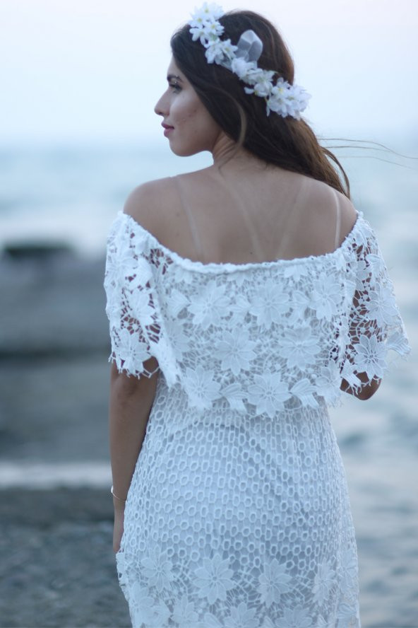 Farbalalı Güpür Beyaz Nikah Elbise - Resim 5