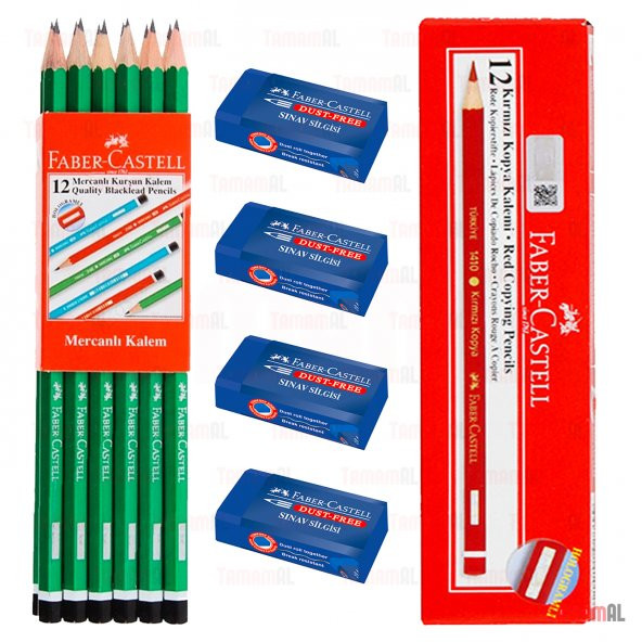 FABER CASTELL KURŞUN KALEM + KIRMIZI KOPYA KALEMİ + 4 SİLGİ ürün görseli 1