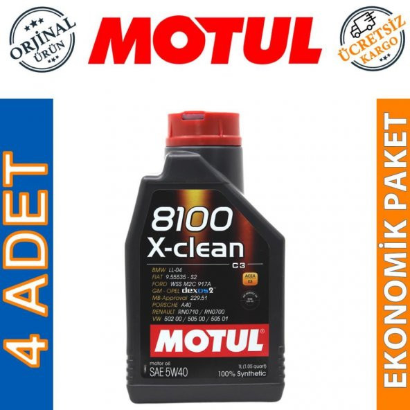 Motul 8100 X-Clean 5W-40 1 Lt Tam Sentetik Motor Yağı (4 Adet) ürün görseli 1