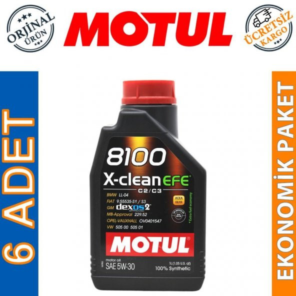 Motul 8100 X-Clean EFE 5W-30 1 Lt Tam Sentetik Motor Yağı (6 Adet) ürün görseli 1
