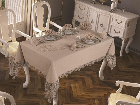 Fransız Güpürlü Yasemin Masa Örtüsü Takımı 18 Parça Cappucino ürün görseli 1