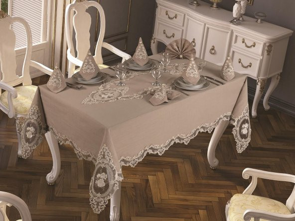 Fransız Güpürlü Elit Masa Örtüsü Takımı 18 Parça Cappucino ürün görseli 1