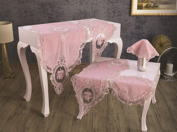 Fransız Güpürlü Kadife Elit Salon Takımı 5 Parça Pudra ürün görseli 1