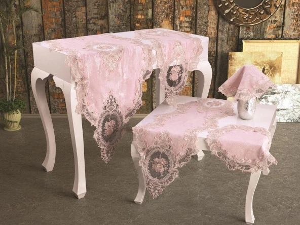 Fransız Güpürlü Şönil Elit Salon Takımı 5 Parça Pudra ürün görseli 1