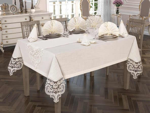 Crown Linen Fransız Güpürlü Masa Örtüsü Takımı 26 Parça Krem ürün görseli 1