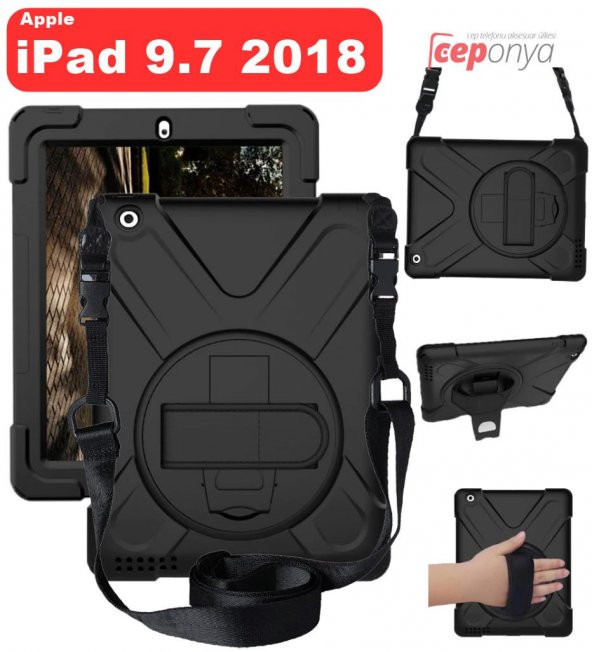 Apple iPad 9.7 2018 Boyun Askılı Stantlı Darbeye Dayanıklı Kılıf ürün görseli 1